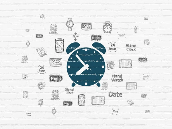 Tidslinjen koncept: Alarm klocka på väggen bakgrund — Stockfoto
