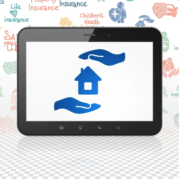 Verzekering concept: Tablet PC met huis en Palm tentoongesteld — Stockfoto