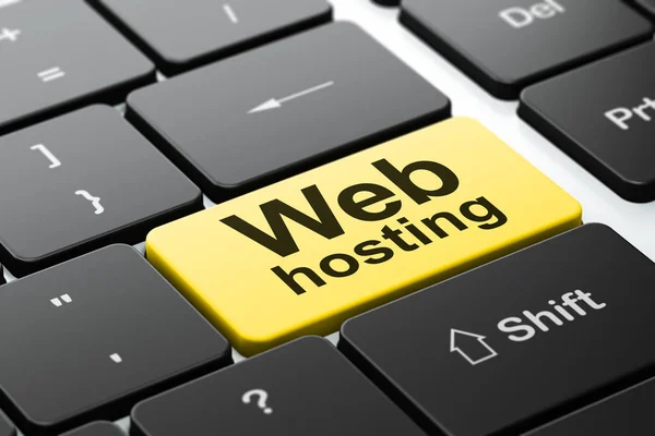 Έννοια της ανάπτυξης Web: Web Hosting σε φόντο υπολογιστή πληκτρολόγιο — Φωτογραφία Αρχείου