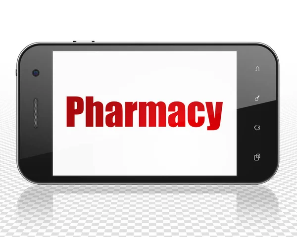 Medizinkonzept: Smartphone mit Apotheke im Schaufenster — Stockfoto