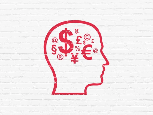 Koncepce vzdělávání: hlavy s finanční Symbol na zeď na pozadí — Stock fotografie