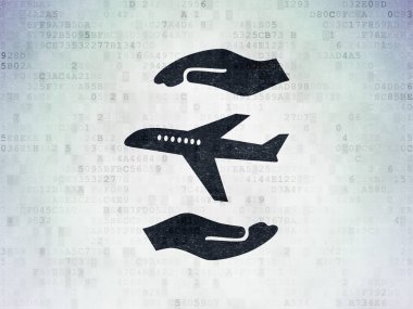 Sigorta kavramı: dijital veri kağıt arka plan üzerinde uçak ve Palm