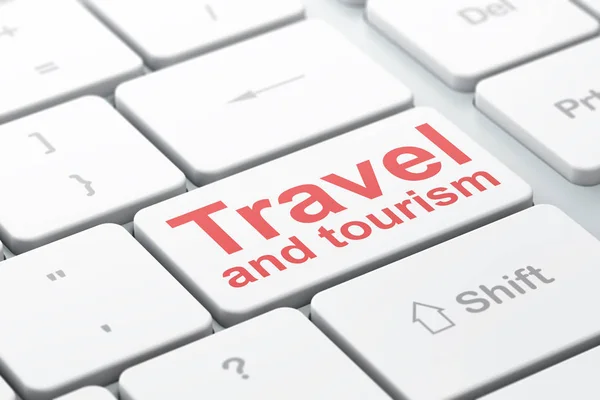 Έννοια ταξίδι: ταξίδια και τουρισμός σε φόντο υπολογιστή πληκτρολόγιο — Φωτογραφία Αρχείου