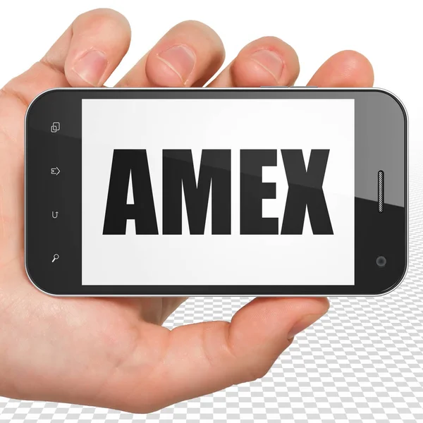 Aktiemarknaden indexerar koncept: Hand hålla Smartphone med Amex på displayen — Stockfoto
