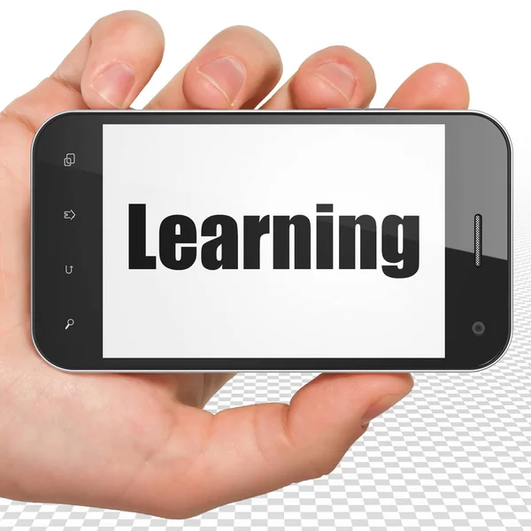 Learning concept: Hand Holding Smartphone with Learning on display — Stock Photo, Image