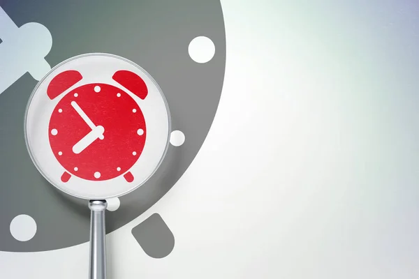 Concepto de tiempo: Reloj despertador con vidrio óptico sobre fondo digital —  Fotos de Stock