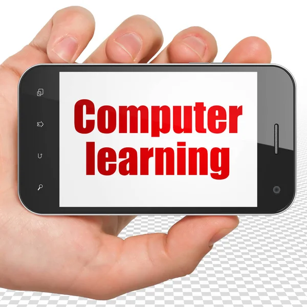 Education concept: Hand Holding Smartphone with Computer Learning on display — Stock Photo, Image