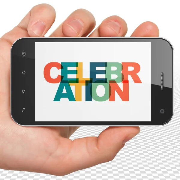 Urlaubskonzept: Smartphone mit Feier in der Hand auf dem Display — Stockfoto