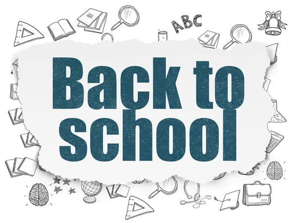 Eğitim kavramı: Back to School yırtılmış kağıt arka plan üzerinde — Stok fotoğraf