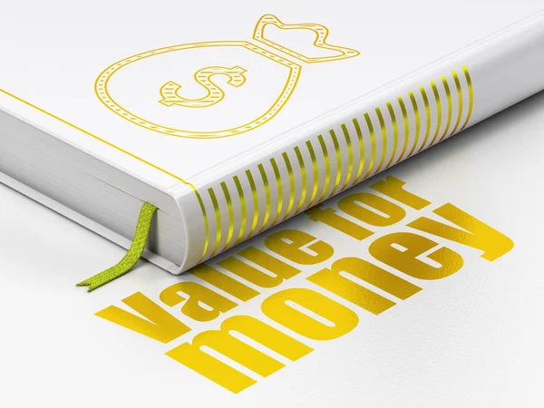 Bancaire concept: boek geld zak, Value For Money op witte achtergrond — Stockfoto