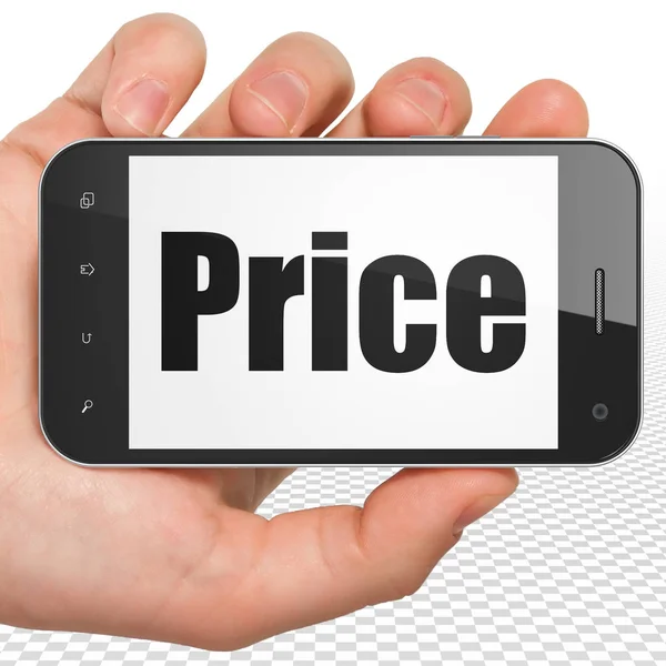 Reklamkoncept: Hand hålla Smartphone med pris på displayen — Stockfoto