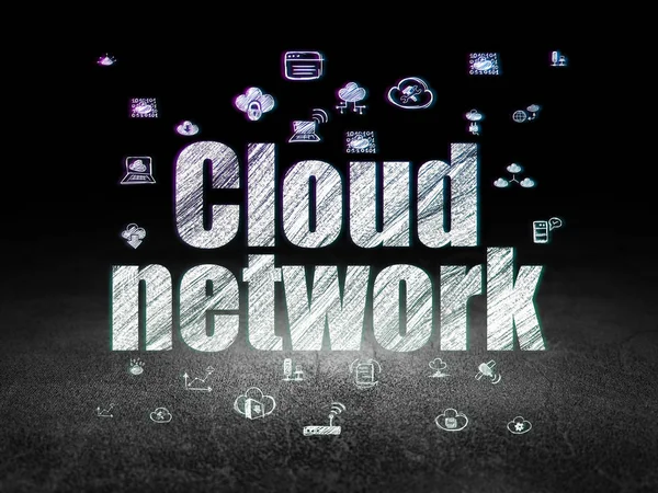 Cloud computing koncepcja: chmura sieci w ciemnym pokoju grunge — Zdjęcie stockowe