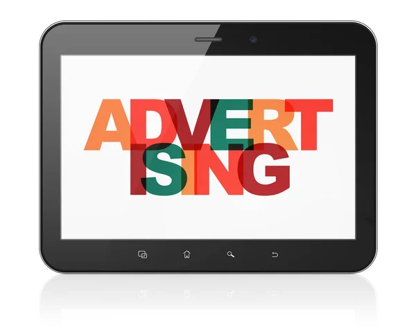 Έννοια της διαφήμισης: υπολογιστή Tablet με τη διαφήμιση στην οθόνη — Φωτογραφία Αρχείου