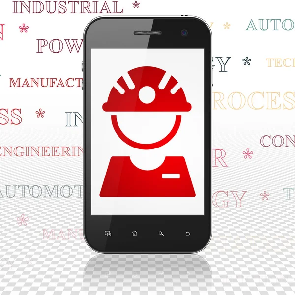 Branchenkonzept: Smartphone mit Fabrikarbeiter auf dem Display — Stockfoto