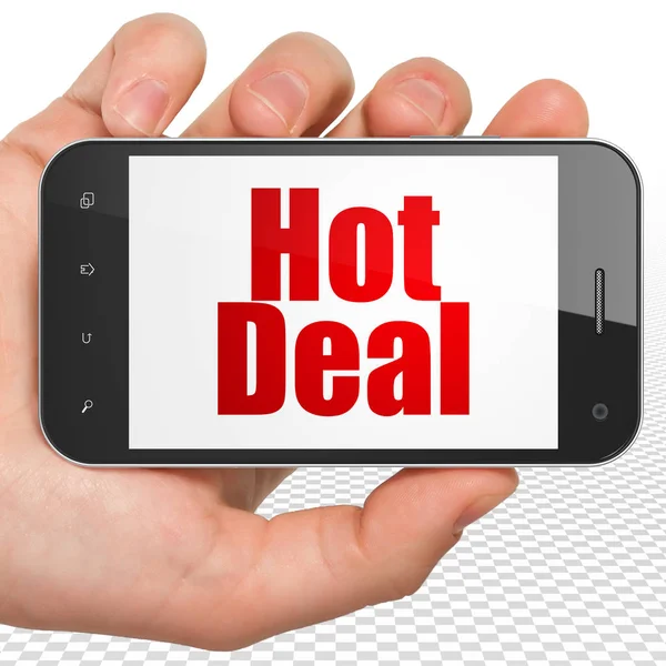 Koncepcja finansowania: rękę trzymając smartfon z Hot Deal na wyświetlaczu — Zdjęcie stockowe