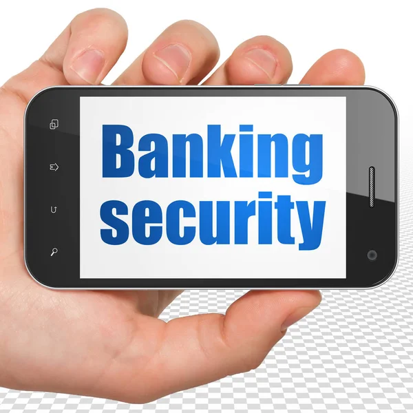 安全概念： 手拿着智能手机上显示的银行安全 — 图库照片