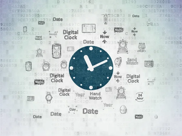 Concepto de línea de tiempo: Reloj en el fondo del documento de datos digitales — Foto de Stock