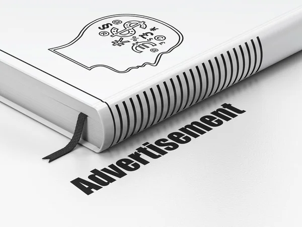 Έννοια του μάρκετινγκ: βιβλίο κεφάλι με χρηματοδότηση σύμβολο, διαφήμιση σε λευκό φόντο — Φωτογραφία Αρχείου