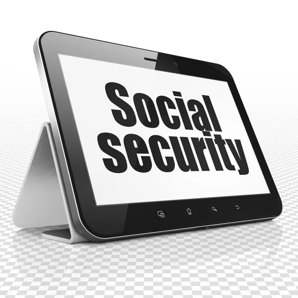 Koruma kavramı: sosyal güvenlik ekranda Tablet bilgisayarınızla — Stok fotoğraf