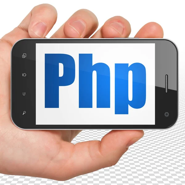 Datenbankkonzept: Smartphone mit PHP-Display in der Hand — Stockfoto