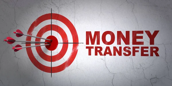 Concepto de dinero: objetivo y transferencia de dinero en el fondo de la pared —  Fotos de Stock