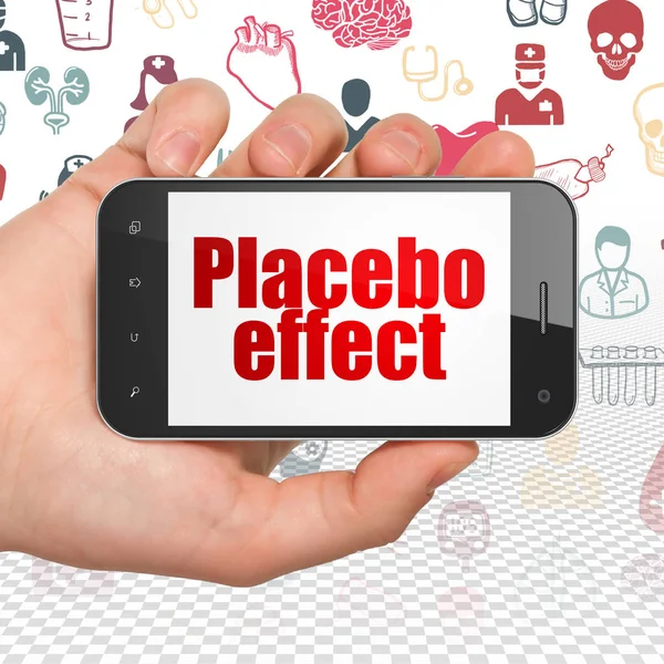 Egészségügyi koncepció: kézzel gazdaság Smartphone-val bemutatás a Placebo-hatás — Stock Fotó