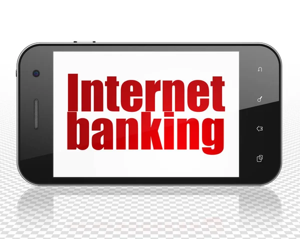 Para birimi kavramı: Smartphone ile Internet Bankacılığı ekranda — Stok fotoğraf