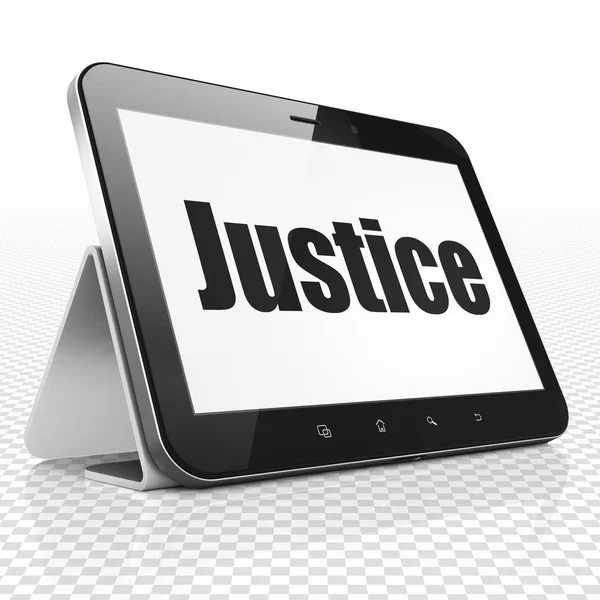 Концепція права: планшетний комп'ютер з правосуддям на дисплеї — стокове фото