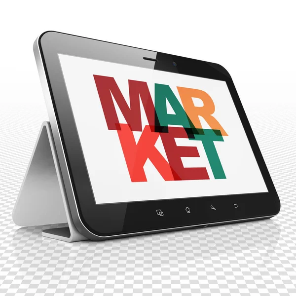 Concepto publicitario: Tablet Computer con mercado en exhibición — Foto de Stock