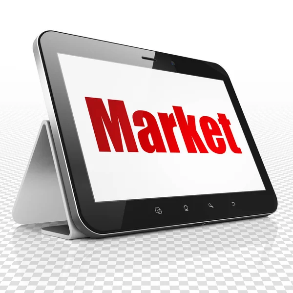 Concetto pubblicitario: computer tablet con mercato in mostra — Foto Stock