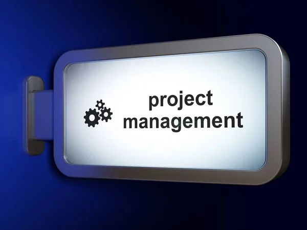 Pénzügyi fogalom: projekt menedzsment és a fogaskerekek a billboard háttér — Stock Fotó