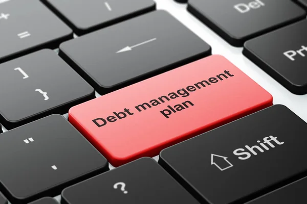 Conceito de financiamento: Plano de Gestão da Dívida no fundo do teclado do computador — Fotografia de Stock