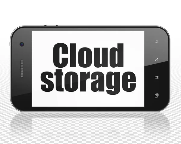 Концепция облачных сетей: Смартфон с облачным хранилищем на дисплее — стоковое фото