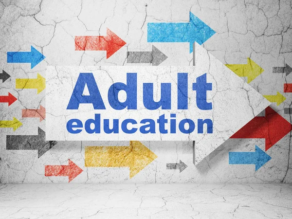 教育理念: グランジ壁背景に成人教育と矢印 — ストック写真