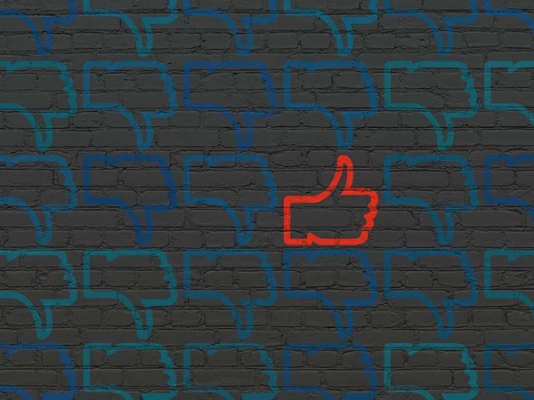 Концепція соціальних медіа: піктограма великого пальця на фоні стіни — стокове фото