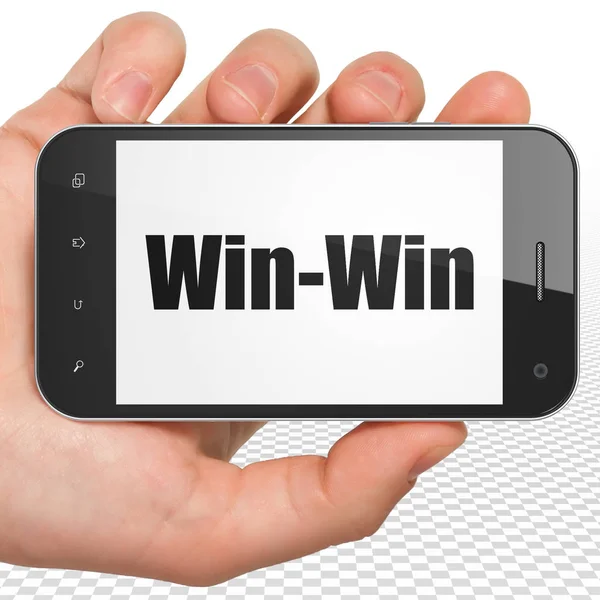 Finance concept: Hand Holding Smartphone with Win-Win on display — Stock Photo, Image