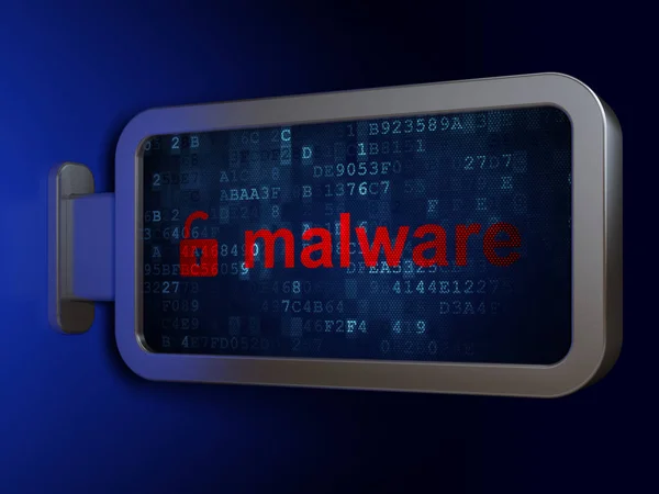 Concept de protection : Malware et cadenas ouvert sur fond de panneau d'affichage — Photo