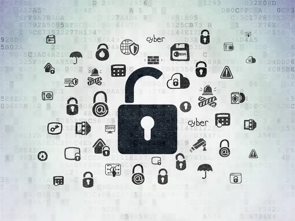 Sicherheitskonzept: geöffnetes Vorhängeschloss auf digitalem Datenpapier-Hintergrund — Stockfoto