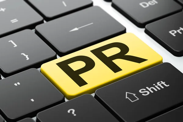 Concepto de marketing: PR en el fondo del teclado del ordenador — Foto de Stock