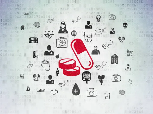 Concepto de medicina: Píldoras en el fondo del documento de datos digitales —  Fotos de Stock