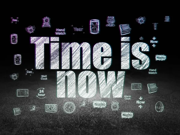 Timeline concept: Time is Now in grunge dark room — Stock Photo, Image