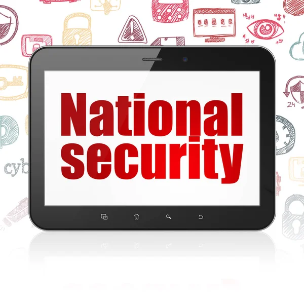 Концепция безопасности: планшетный компьютер с национальной безопасностью на дисплее — стоковое фото