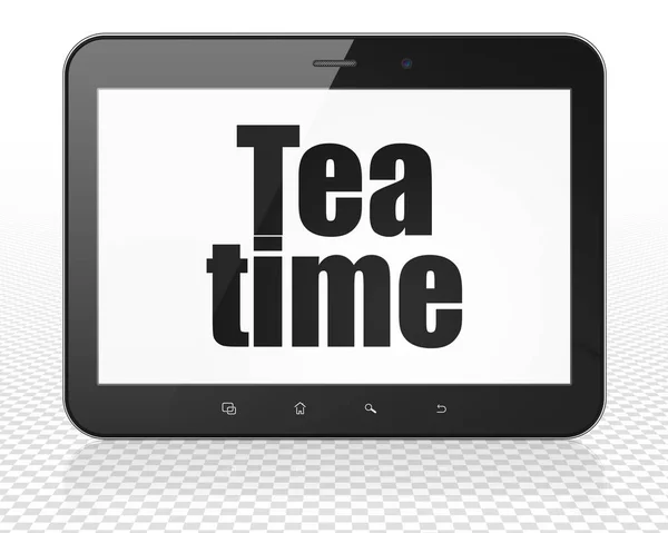 Concepto de línea de tiempo: Tablet PC PC con hora del té en pantalla —  Fotos de Stock