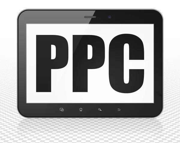Concepto publicitario: Tablet PC PC con PPC en pantalla — Foto de Stock