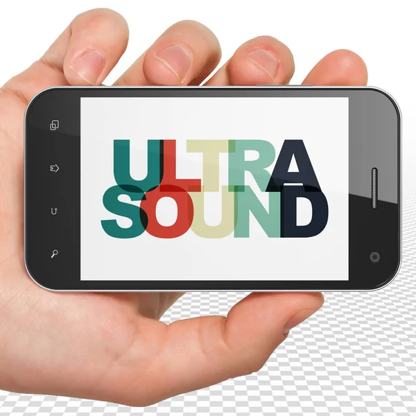 Konsep kesehatan: Tangan Memegang Smartphone dengan Ultrasound pada tampilan — Stok Foto