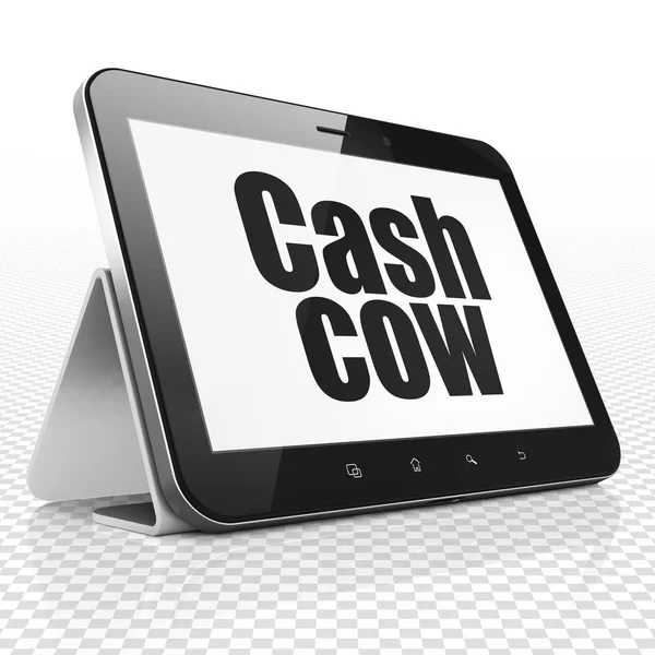 Conceito de financiamento: Tablet Computer com Cash Cow em exibição — Fotografia de Stock