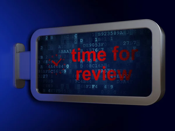 Concepto de línea de tiempo: Tiempo para la revisión y el reloj en el fondo de la cartelera — Foto de Stock