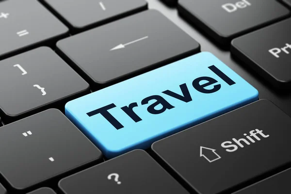 Conceito de turismo: Viagens no fundo do teclado do computador — Fotografia de Stock