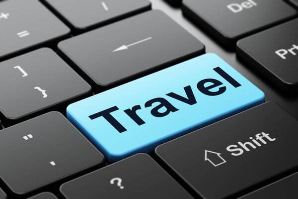 Tourism concept: computer keyboard with word Travel, selected focus on enter button background, 3D rendering