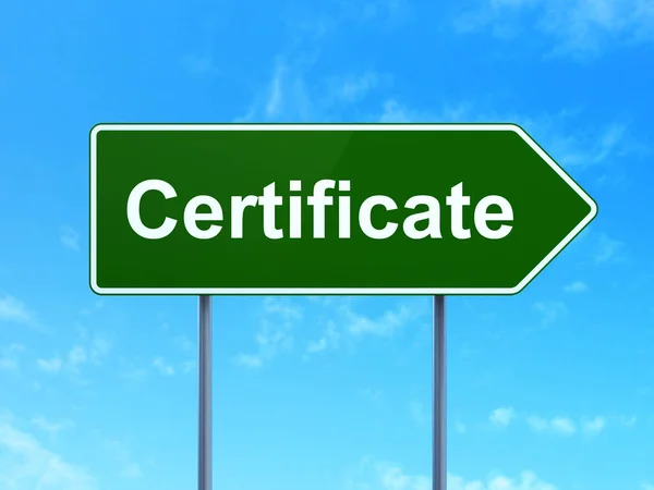 Law concept: Certificate on road sign background — Stock Photo, Image